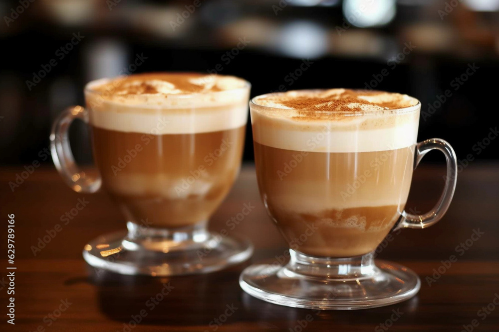 Lattes in clear mugs on saucers Lattes in clear mugs on saucers