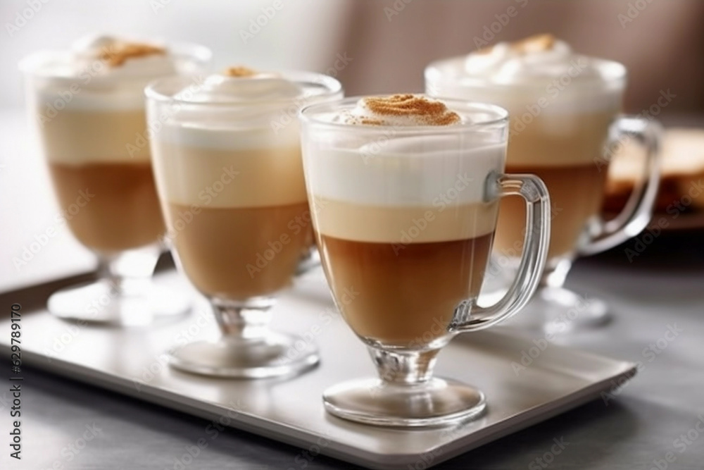 Lattes in clear mugs on saucers Lattes in clear mugs on saucers