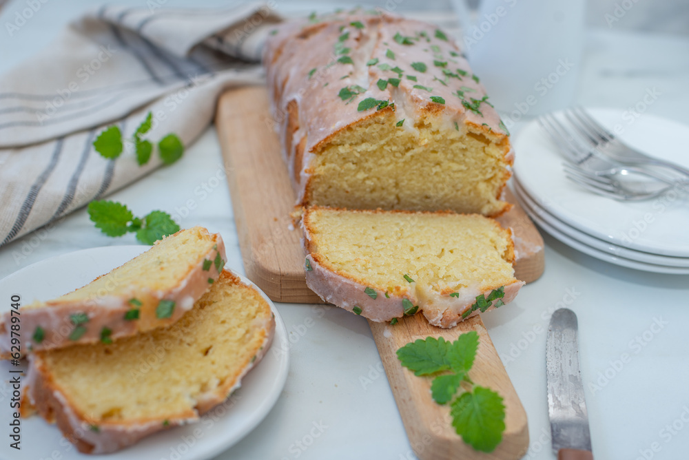 home made sweet Lemon pound cake with fresh mint home made sweet Lemon pound cake with fresh mint