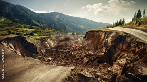 landslide in a mountainous region, illustrating the dangers of soil erosion and instability generative ai