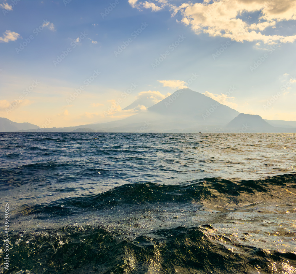 View across the water while on a boat ride across Lake Atitlan in Guatemala