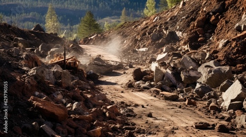 landslide in progress  with rocks and dirt tumbling down a hillside  representing the danger of soil erosion and instability generative ai