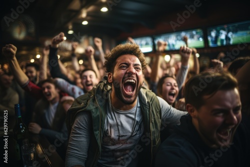 A group of American football fans watching the game live in a sports pub on TV. support their team The crowd was delighted when the team scored and won the title. © sirisakboakaew
