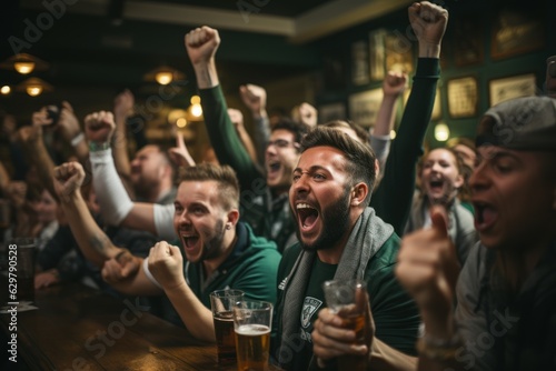 A group of American football fans watching the game live in a sports pub on TV. support their team The crowd was delighted when the team scored and won the title.