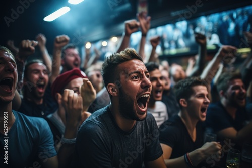 A group of American football fans watching the game live in a sports pub on TV. support their team The crowd was delighted when the team scored and won the title. © sirisakboakaew