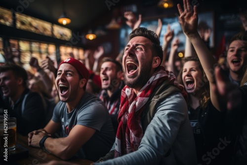 A group of American football fans watching the game live in a sports pub on TV. support their team The crowd was delighted when the team scored and won the title.