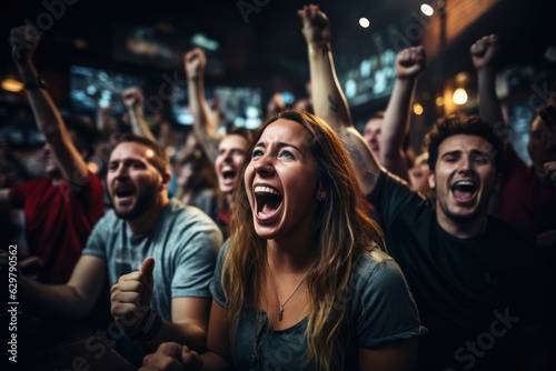 A group of American football fans watching the game live in a sports pub on TV. support their team The crowd was delighted when the team scored and won the title.