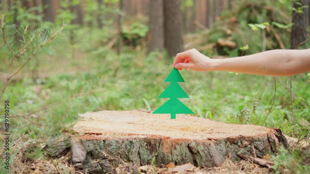 Christmas tree made of cardboard on a freshly cut stump "There was a