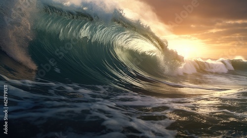 massive wave crashing onto the shore during a tsunami, illustrating the devastating impact of natural disasters generative ai © ThisDesign