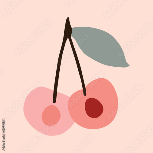 Hand drawn abstract boho poster with cherry fruits, isolated. Vector flat illustration. For pattern, logo, posters, invitation, greeting card, wall art print.