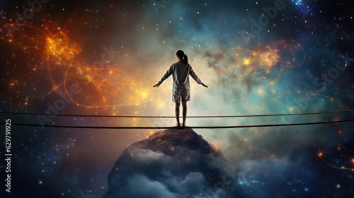 person balancing on a tightrope, illustrating the concept of mental balance, risk, and the challenges of maintaining mental health generative ai