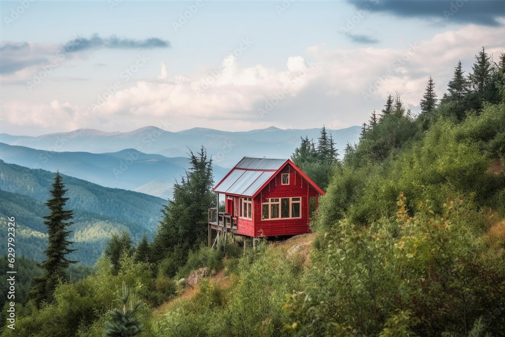 Red cabin in mountains