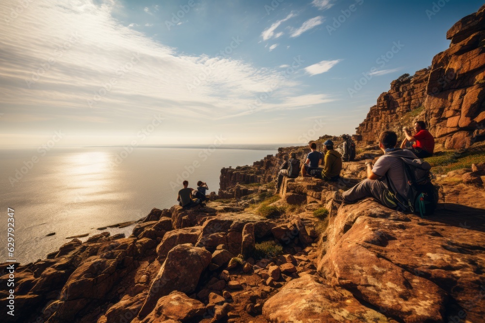 Group Of Hikers Taking A Break On A Rocky Hill, Generative AI Group Of Hikers Taking A Break On A Rocky Hill, Generative AI