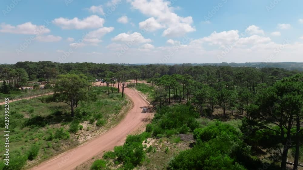 Embark on an adventure as the car drives through a sunny gravel road amidst a pine forest. Embark on an adventure as the car drives through a sunny gravel road amidst a pine forest.