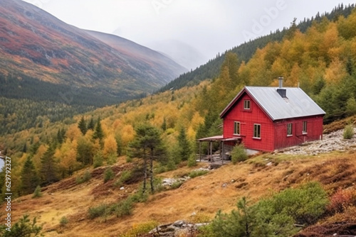 Red cabin in mountains