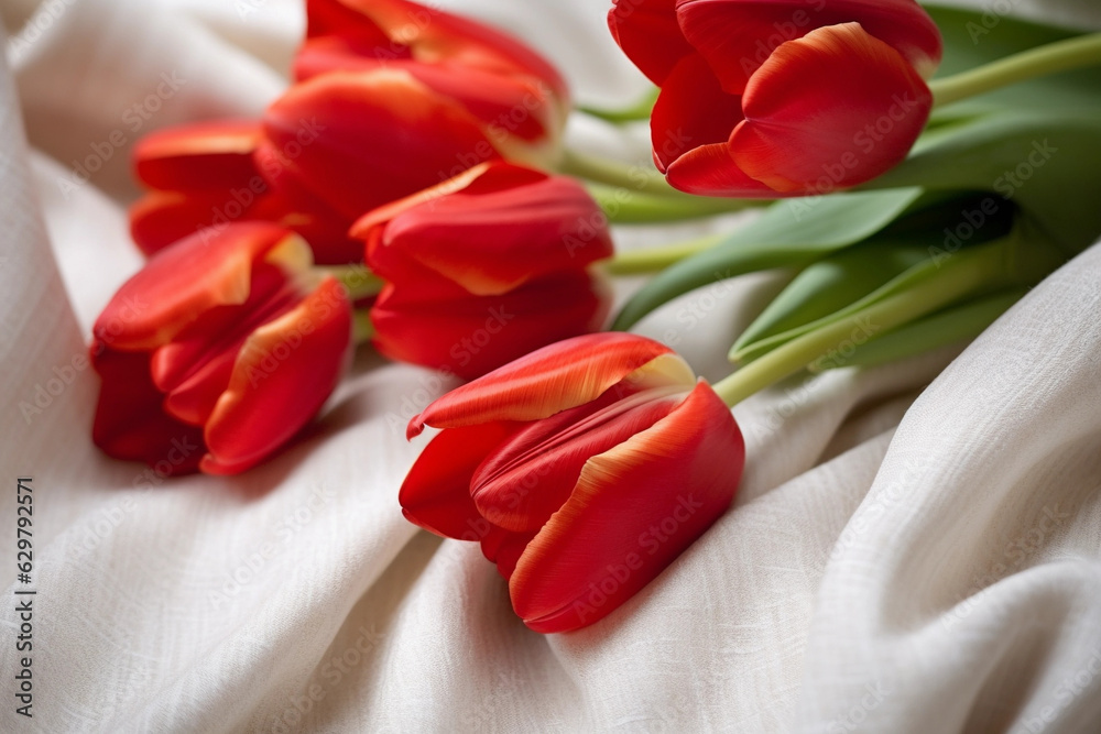 Red tulips on white linen