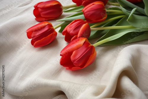 Red tulips on white linen
