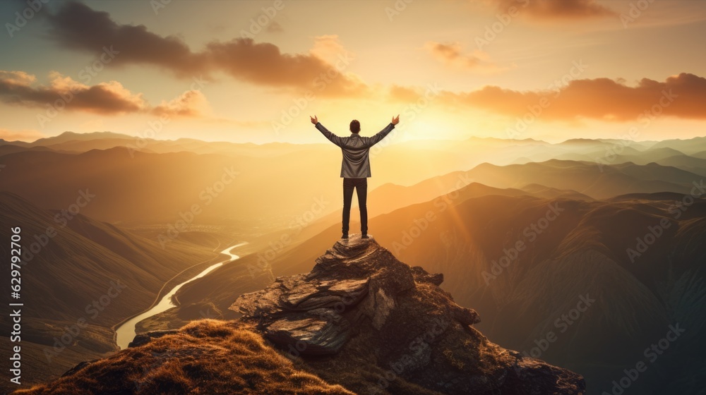 person standing at the top of a mountain, illustrating the concept of achievement and success generative ai - obrazy, fototapety, plakaty 