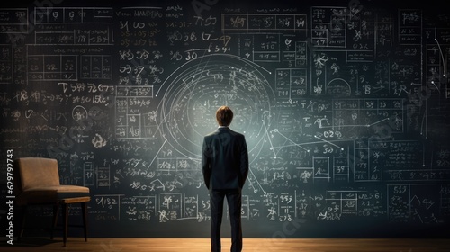 person standing in front of a chalkboard filled with equations, symbolizing the concept of learning and education. generative ai