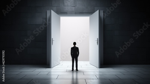 person standing in front of a wall with a door, symbolizing the concept of obstacles and opportunities generative ai