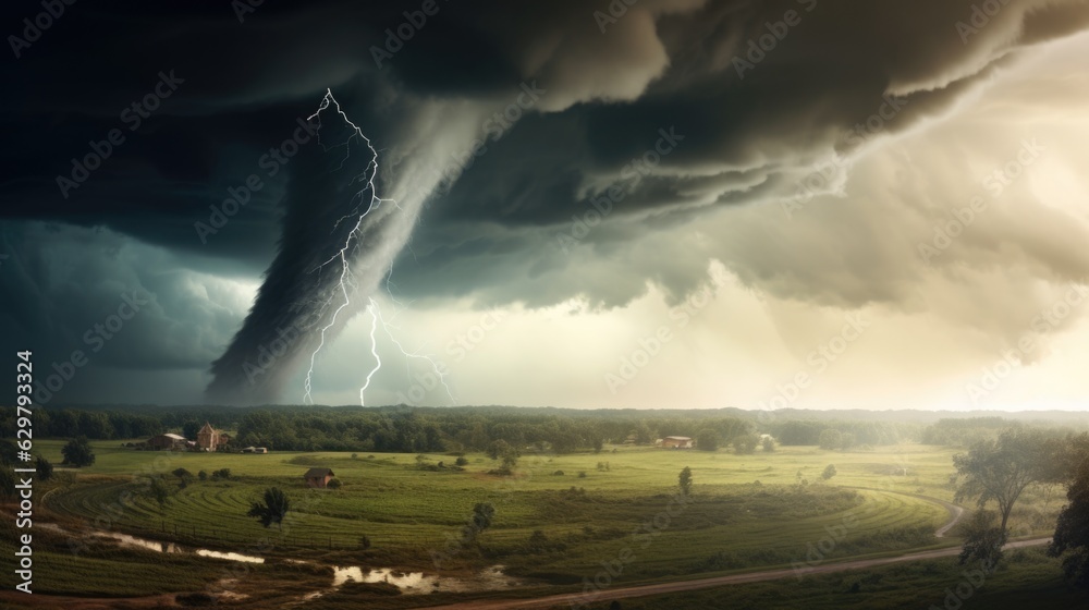 powerful tornado moving across a rural landscape, illustrating the destructive force of nature generative ai