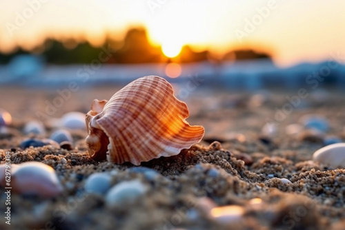 Seashell on beach at golden hour