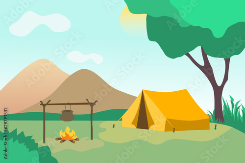 Summer camp in forest with tent and bonfire. Mountains, tree, and sun in background. Vector illustration.
