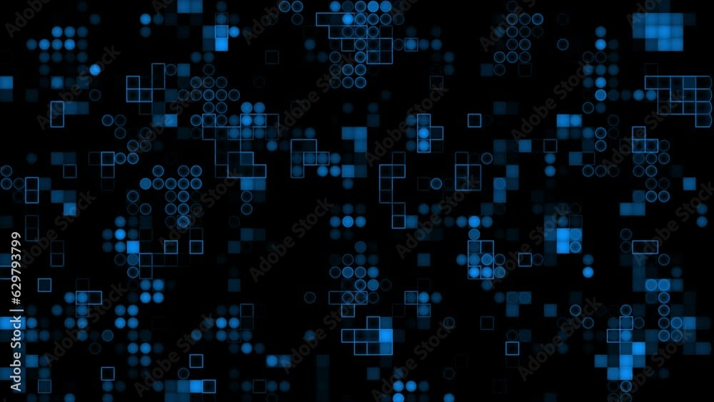 Appearing and disappearing 2d Royal blue circles and squares digital background, dark futuristic background
