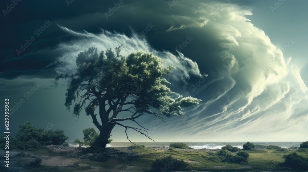 severe windstorm, with trees bending under the force of the wind, symbolizing the power of nature generative ai