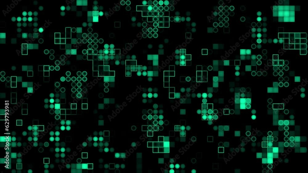 Appearing and disappearing 2d Turquoise circles and squares digital background, dark futuristic background Appearing and disappearing 2d Turquoise circles and squares digital background, dark futuristic background