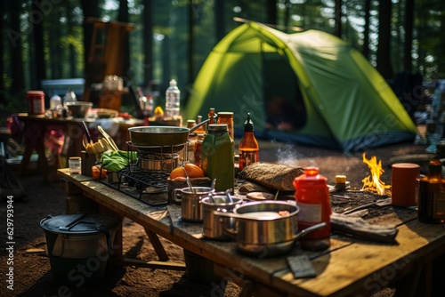 Camping Kitchen With Cooking Utensils  Generative AI