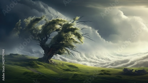severe windstorm, with trees bending under the force of the wind, symbolizing the power of nature generative ai