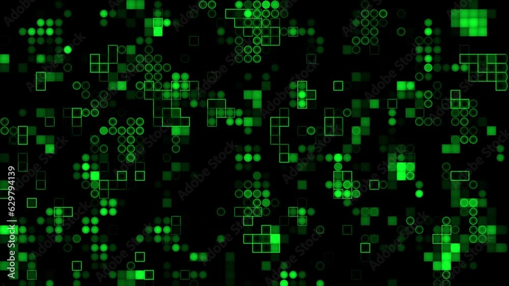 Appearing and disappearing 2d Green circles and squares digital background, dark futuristic background Appearing and disappearing 2d Green circles and squares digital background, dark futuristic background