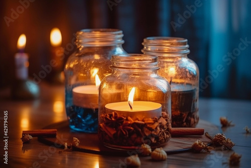 candles burning in glass jars