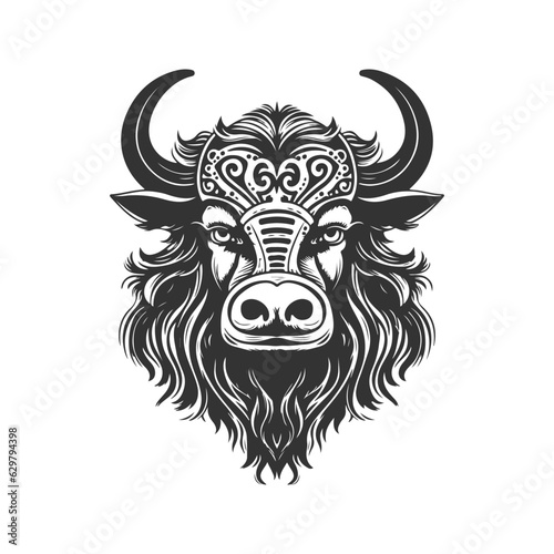 yak tribal, vintage logo line art concept black and white color, hand drawn illustration