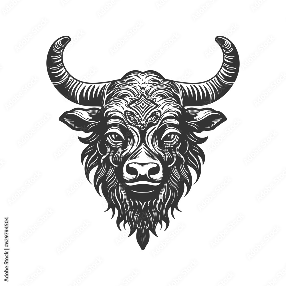 yak tribal, vintage logo line art concept black and white color, hand drawn illustration