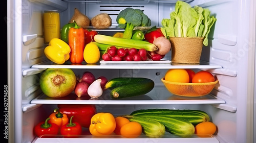 A Colorful Array of Wholesome Fruits and Vegetables Fills the Refrigerator. Generative AI