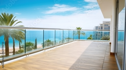 Big beautiful terrace balcony of new apartment building, hotel on coastline with sea ocean view, palms, Generative AI