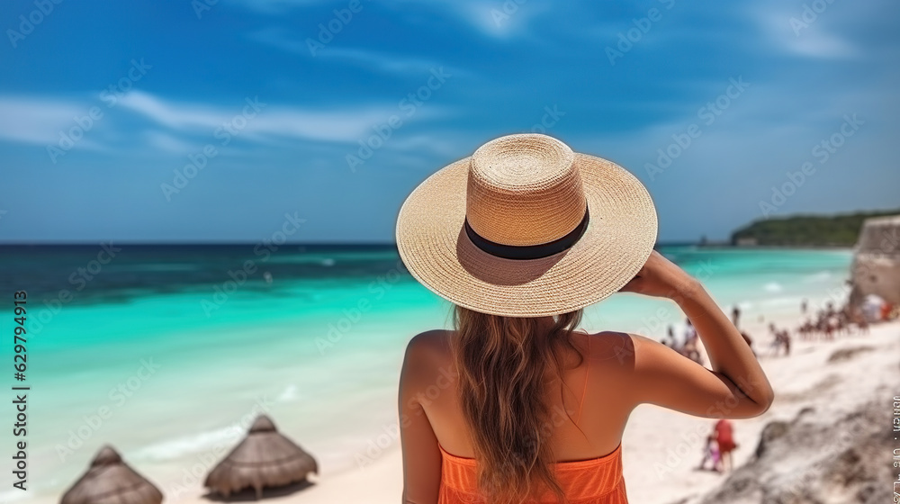 Rear View Woman in hat at beautiful beach by Caribbean sea, Generative AI Rear View Woman in hat at beautiful beach by Caribbean sea, Generative AI