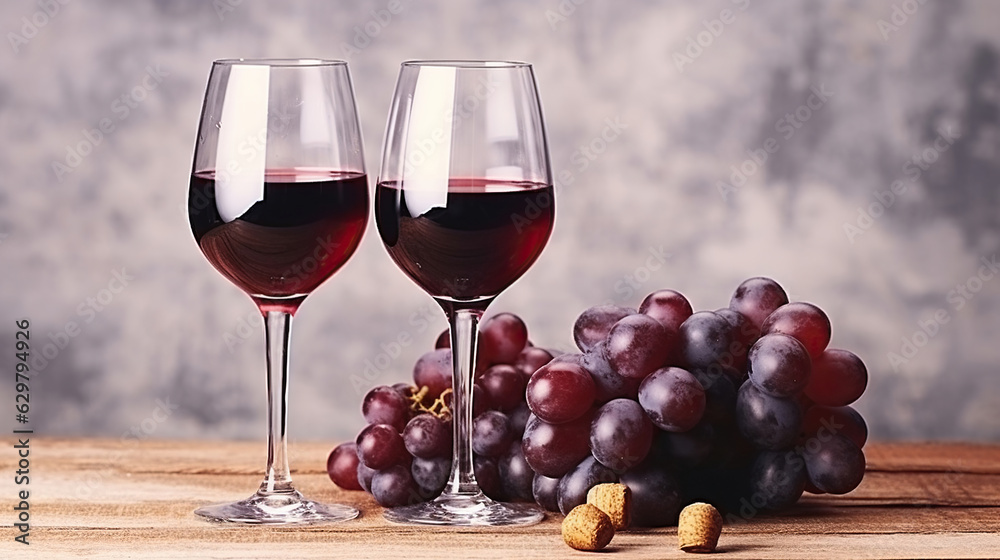 Two glasses of vintage red wine and bunch of grapes on wooden table, grunged concrete wall background. Generative AI