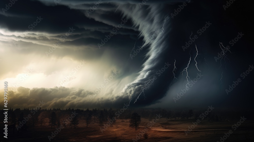 tornado in the distance, with a dark, stormy sky overhead, illustrating ...