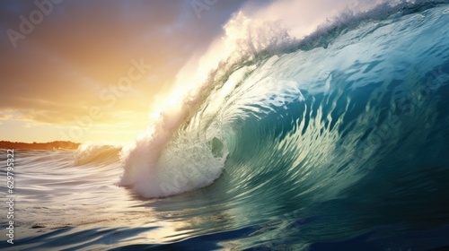 tsunami wave approaching the shore, symbolizing the danger of seismic sea waves generative ai © ThisDesign