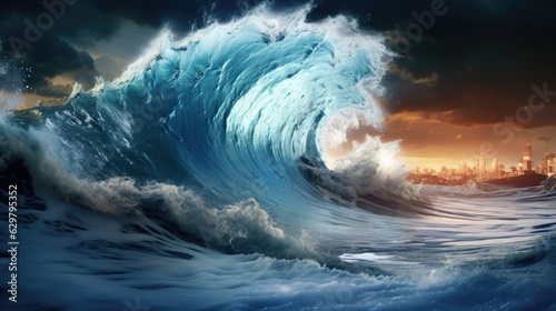 tsunami wave approaching the shore, symbolizing the danger of seismic sea waves generative ai © ThisDesign