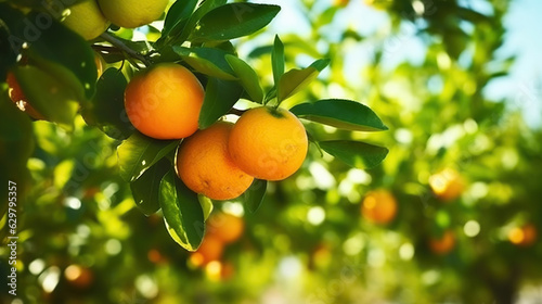 Ripe organic multiple orange fruits on tree branch in local produce farm garden. Generative AI