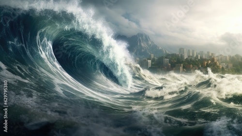 tsunami wave approaching the shore  symbolizing the danger of seismic sea waves generative ai