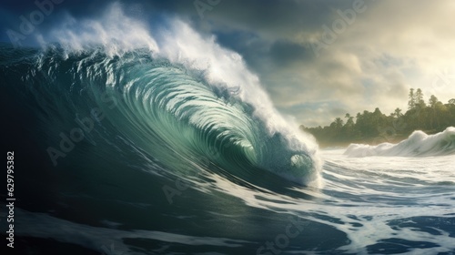 tsunami wave approaching the shore, symbolizing the danger of seismic sea waves generative ai