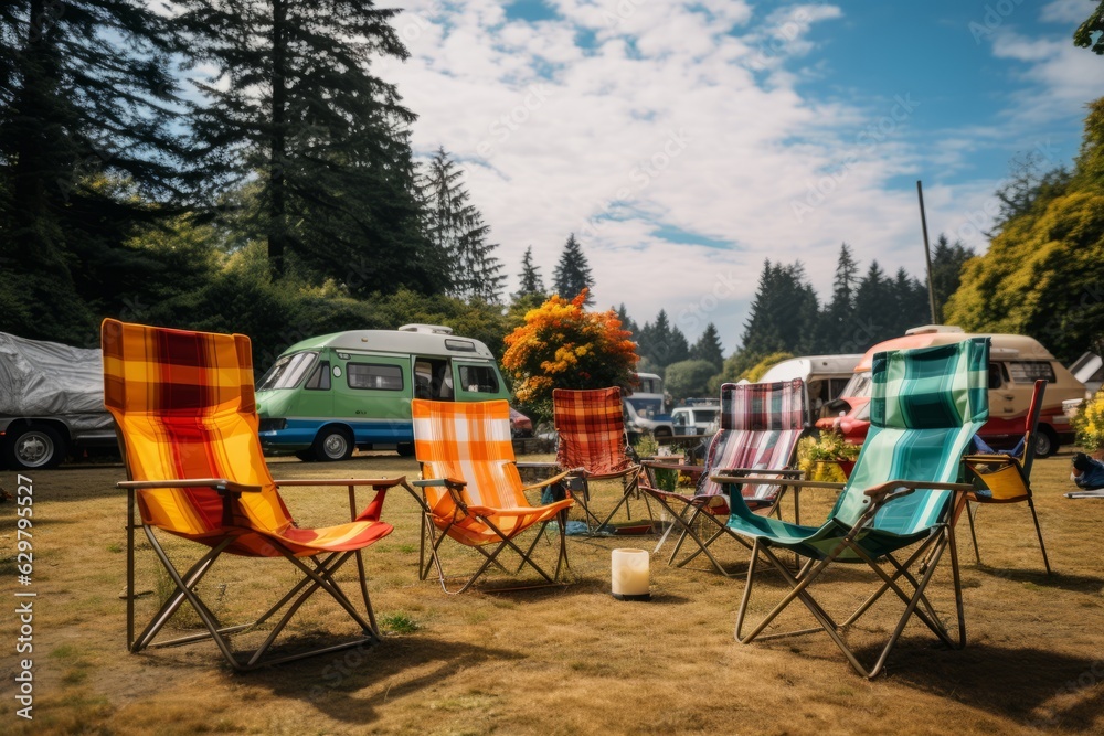 Campsite With Colorful Camping Chairs, Generative AI