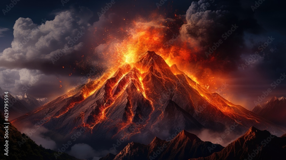 volcanic eruption with lava flowing down the mountainside, illustrating the raw power of nature generative ai