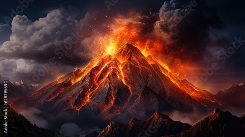 volcanic eruption with lava flowing down the mountainside, illustrating the raw power of nature generative ai