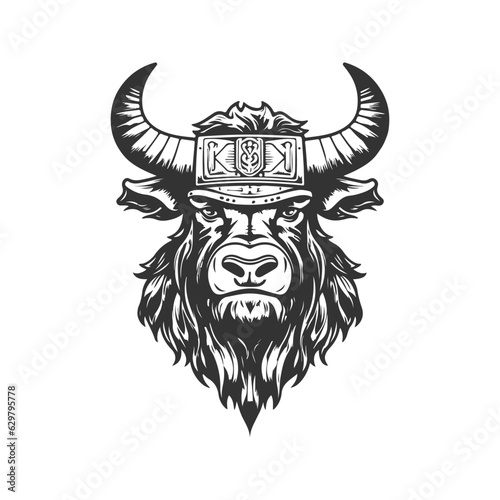 yak warrior, vintage logo line art concept black and white color, hand drawn illustration